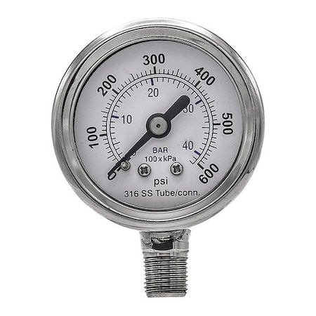Industrial Pressure Gauge, 0 to 600 psi, 1 1/2 in Dial, 1/8 in NPT, Bottom Location MPN:PRO-301D-158K-01