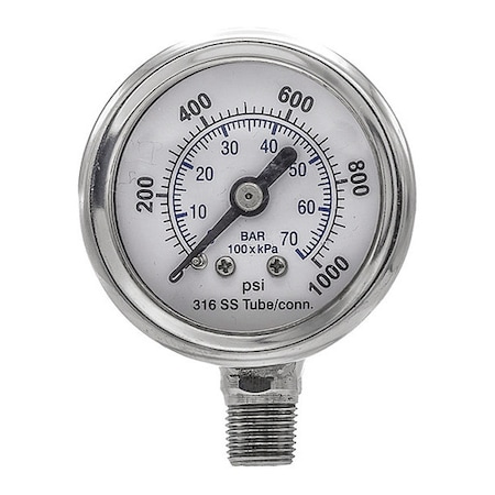Industrial Pressure Gauge, 0 to 1, 000 psi, 1 1/2 in Dial, 1/8 in NPT, Bottom Location MPN:PRO-301D-158M-01