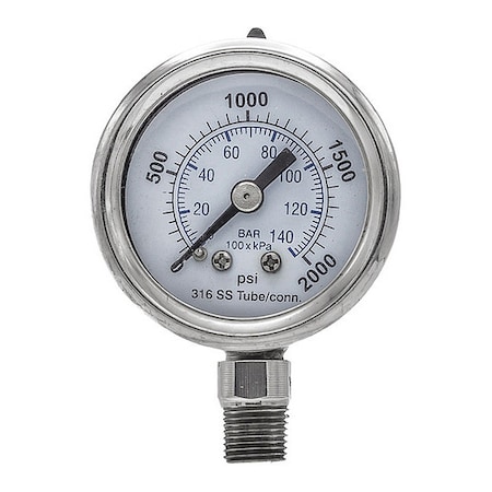 Industrial Pressure Gauge, 0 to 2, 000 psi, 1 1/2 in Dial, 1/8 in NPT, Bottom Location MPN:PRO-301D-158O-01