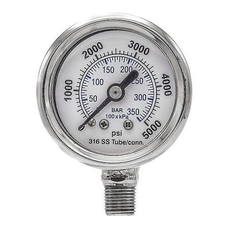Industrial Pressure Gauge, 0 to 5, 000 psi, 1 1/2 in Dial, 1/8 in NPT, Bottom Location MPN:PRO-301D-158R-01