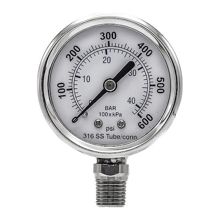 Industrial Pressure Gauge, 0 to 600 psi, 2 in Dial, 1/4 in NPT, Bottom Location MPN:PRO-301D-204K-01