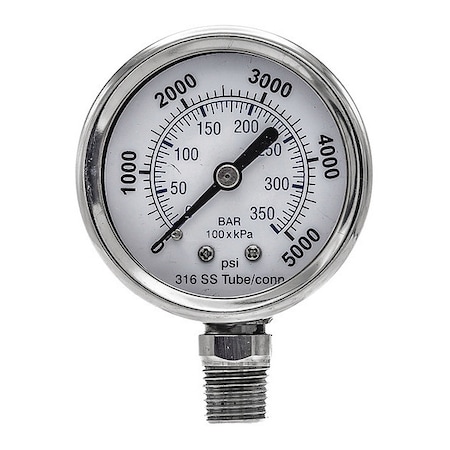 Industrial Pressure Gauge, 0 to 5, 000 psi, 2 in Dial, 1/4 in NPT, Bottom Location MPN:PRO-301D-204R-01