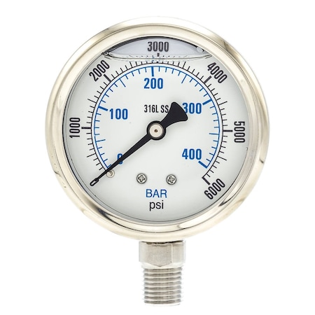 Industrial Pressure Gauge, 0 to 6, 000 psi, 2 1/2 in Dial, 1/4 in NPT, Bottom Location MPN:PRO-301L-254S-01