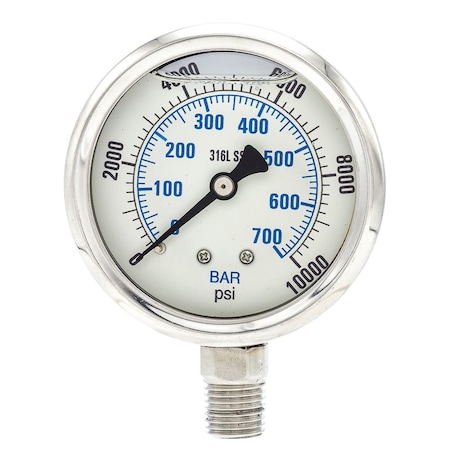 Industrial Pressure Gauge, 0 to 10, 000 psi, 2 1/2 in Dial, 1/4 in NPT, Bottom Location MPN:PRO-301L-254U-01