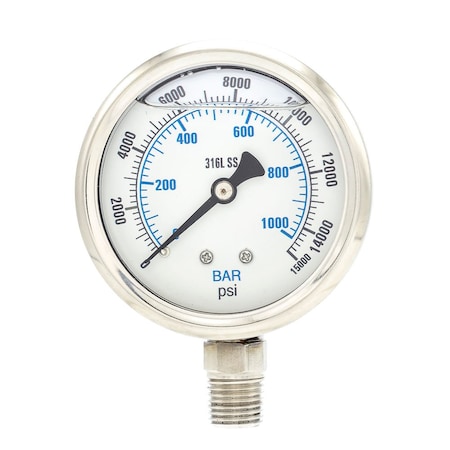 Industrial Pressure Gauge, 0 to 15, 000 psi, 2 1/2 in Dial, 1/4 in NPT, Bottom Location MPN:PRO-301L-254V-01