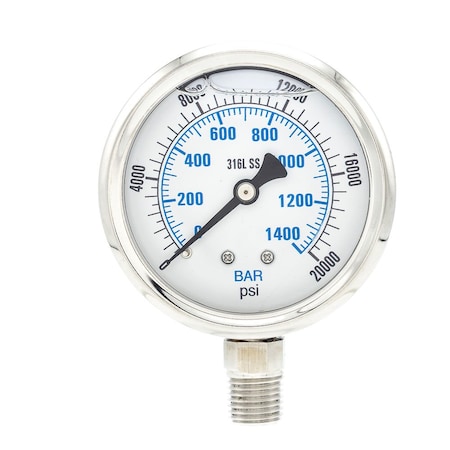 Industrial Pressure Gauge, 0 to 20, 000 psi, 2 1/2 in Dial, 1/4 in NPT, Bottom Location MPN:PRO-301L-254W-01