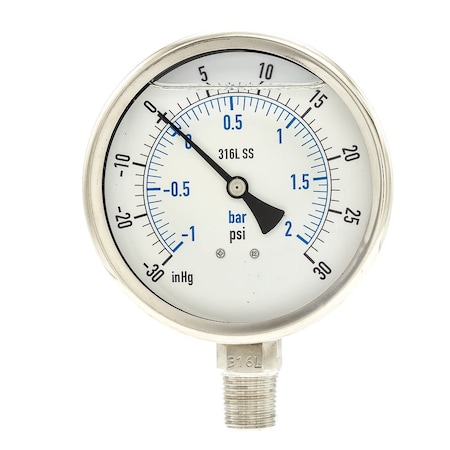 Industrial Compound Gauge, 30 to 0 to 30 psi, 4 in Dial, 1/2 in NPT, Bottom Location MPN:PRO-301L-402CC-01