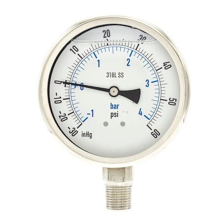 Industrial Compound Gauge, 30 to 0 to 60 psi, 4 in Dial, 1/2 in NPT, Bottom Location MPN:PRO-301L-402CD-01