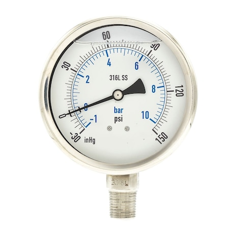 Industrial Compound Gauge, 30 to 0 to 150 psi, 4 in Dial, 1/2 in NPT, Bottom Location MPN:PRO-301L-402CF-01