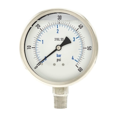 Industrial Pressure Gauge, 0 to 60 psi, 4 in Dial, 1/2 in NPT, Bottom Location MPN:PRO-301L-402D-01