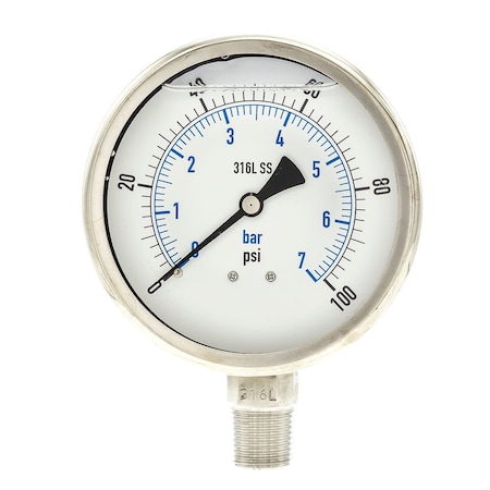 Industrial Pressure Gauge, 0 to 100 psi, 4 in Dial, 1/2 in NPT, Bottom Location MPN:PRO-301L-402E-01