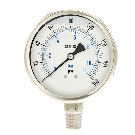 Industrial Pressure Gauge, 0 to 160 psi, 4 in Dial, 1/2 in NPT, Bottom Location MPN:PRO-301L-402F-01