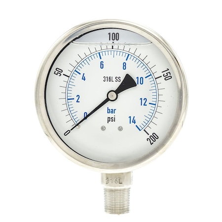 Industrial Pressure Gauge, 0 to 200 psi, 4 in Dial, 1/2 in NPT, Bottom Location MPN:PRO-301L-402G-01