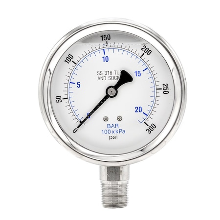 Industrial Pressure Gauge, 0 to 300 psi, 4 in Dial, 1/2 in NPT, Bottom Location MPN:PRO-301L-402H-01