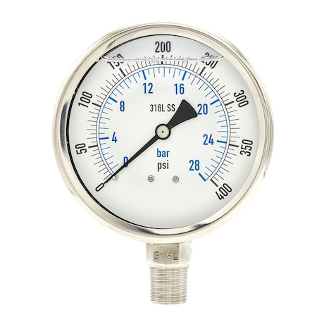 Industrial Pressure Gauge, 0 to 400 psi, 4 in Dial, 1/2 in NPT, Bottom Location MPN:PRO-301L-402I-01
