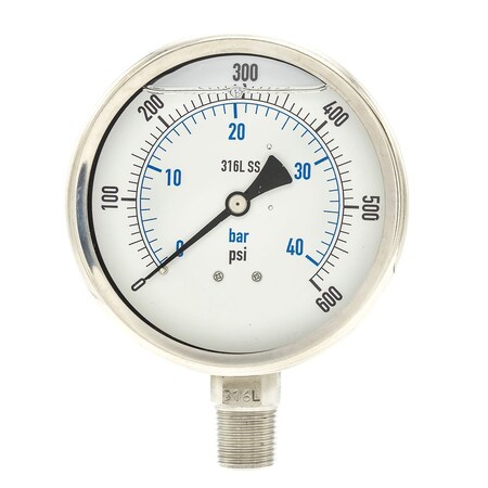 Industrial Pressure Gauge, 0 to 600 psi, 4 in Dial, 1/2 in NPT, Bottom Location MPN:PRO-301L-402K-01