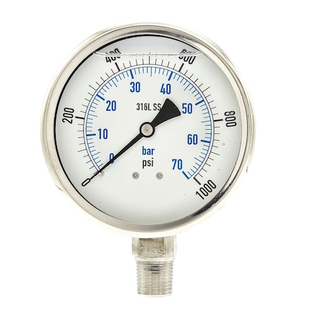 Industrial Pressure Gauge, 0 to 1, 000 psi, 4 in Dial, 1/2 in NPT, Bottom Location MPN:PRO-301L-402M-01
