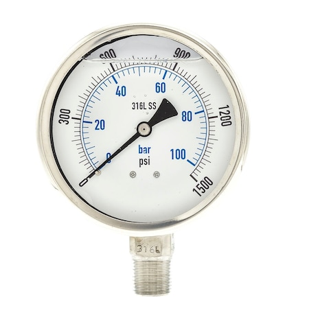 Industrial Pressure Gauge, 0 to 1, 500 psi, 4 in Dial, 1/2 in NPT, Bottom Location MPN:PRO-301L-402N-01