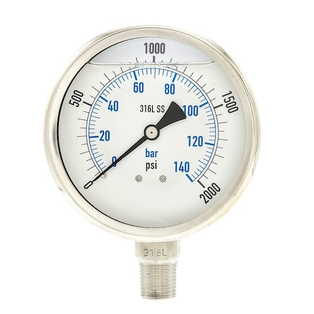 Industrial Pressure Gauge, 0 to 2, 000 psi, 4 in Dial, 1/2 in NPT, Bottom Location MPN:PRO-301L-402O-01