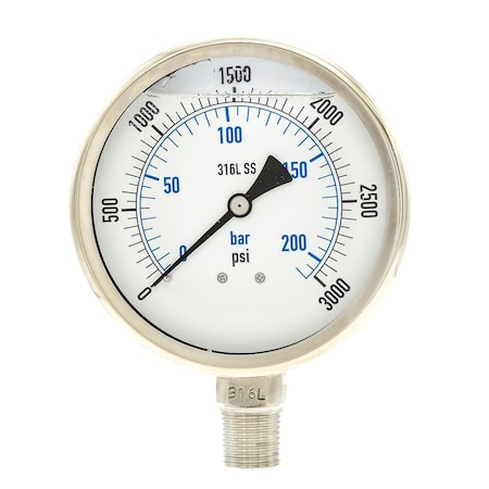Industrial Pressure Gauge, 0 to 3, 000 psi, 4 in Dial, 1/2 in NPT, Bottom Location MPN:PRO-301L-402P-01