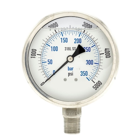 Industrial Pressure Gauge, 0 to 5, 000 psi, 4 in Dial, 1/2 in NPT, Bottom Location MPN:PRO-301L-402R-01