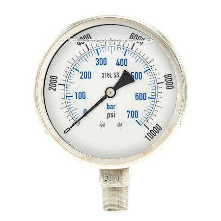 Industrial Pressure Gauge, 0 to 10, 000 psi, 4 in Dial, 1/2 in NPT, Bottom Location MPN:PRO-301L-402U-01