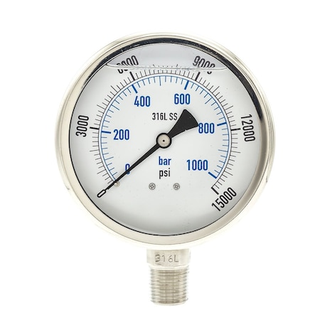 Industrial Pressure Gauge, 0 to 15, 000 psi, 4 in Dial, 1/2 in NPT, Bottom Location MPN:PRO-301L-402V-01