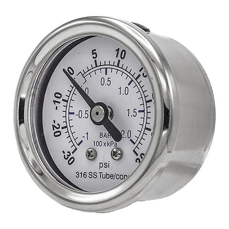 Industrial Compound Gauge, 30 to 0 to 30 psi, 1 1/2 in Dial, 1/8 in NPT, Center Back Location MPN:PRO-302D-158CC-01