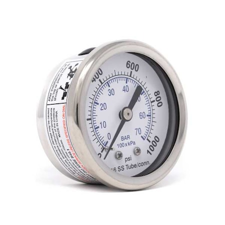 Industrial Pressure Gauge, 0 to 1, 000 psi, 2 in Dial, 1/4 in NPT, Center Back Location MPN:PRO-302D-204M-01