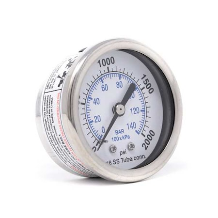 Industrial Pressure Gauge, 0 to 2, 000 psi, 2 in Dial, 1/4 in NPT, Center Back Location MPN:PRO-302D-204O-01
