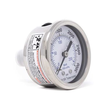 Industrial Pressure Gauge, 0 to 3, 000 psi, 2 in Dial, 1/4 in NPT, Center Back Location MPN:PRO-302D-204P-01