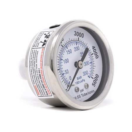 Industrial Pressure Gauge, 0 to 5, 000 psi, 2 in Dial, 1/4 in NPT, Center Back Location MPN:PRO-302D-204R-01