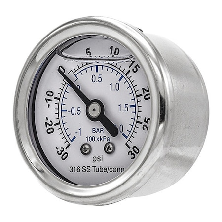 Industrial Compound Gauge, 30 to 0 to 30 psi, 1 1/2 in Dial, 1/8 in NPT, Center Back Location MPN:PRO-302L-158CC-01