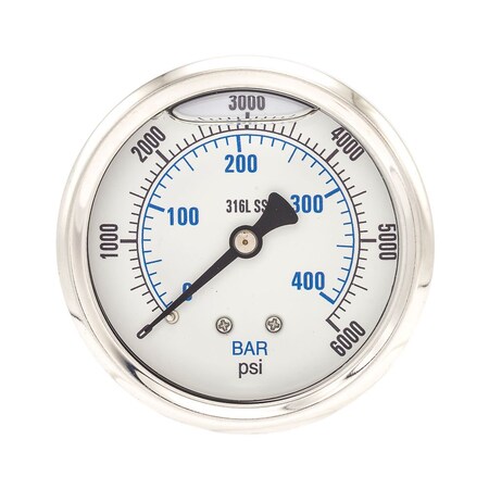 Industrial Pressure Gauge, 0 to 6, 000 psi, 2 1/2 in Dial, 1/4 in NPT, Center Back Location MPN:PRO-302L-254S-01