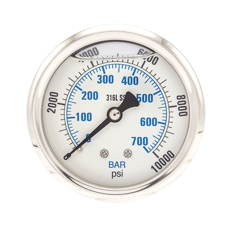 Industrial Pressure Gauge, 0 to 10, 000 psi, 2 1/2 in Dial, 1/4 in NPT, Center Back Location MPN:PRO-302L-254U-01