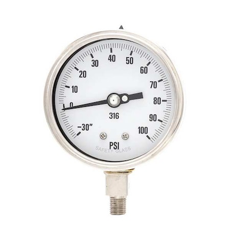 Industrial Compound Gauge, 30 to 0 to 100 psi, 4 in Dial, 1/4 in NPT, Bottom Location MPN:PRO-311D-404CE