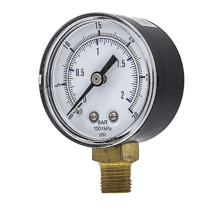 Industrial Pressure Gauge, 0 to 30 psi, 2 in Dial, 1/4 in BSPT, Bottom Location, Steel Case Material MPN:SEP-101D-204C-BSPT