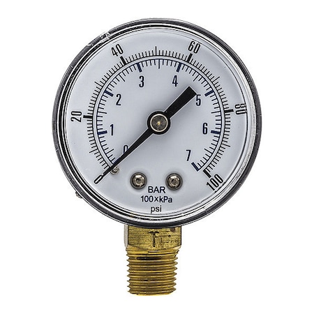Industrial Pressure Gauge, 0 to 100 psi, 2 in Dial, 1/4 in BSPT, Bottom Location MPN:SEP-101D-204E-BSPT