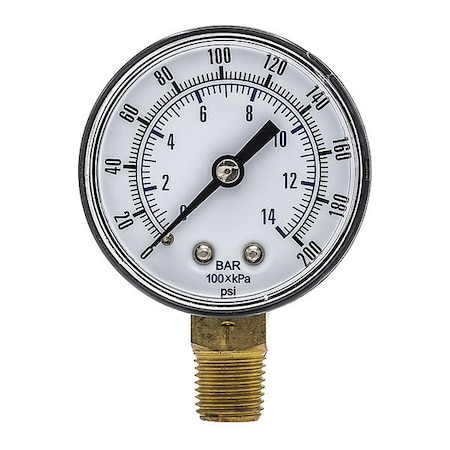 Industrial Pressure Gauge, 0 to 200 psi, 2 in Dial, 1/4 in BSPT, Bottom Location MPN:SEP-101D-204G-BSPT