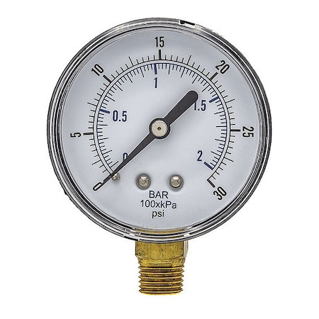 Industrial Pressure Gauge, 0 to 30 psi, 2 1/2 in Dial, 1/4 in BSPT, Bottom Location MPN:SEP-101D-254C-BSPT
