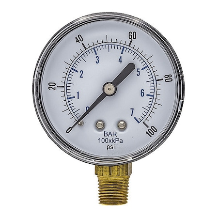 Industrial Pressure Gauge, 0 to 100 psi, 2 1/2 in Dial, 1/4 in BSPT, Bottom Location MPN:SEP-101D-254E-BSPT