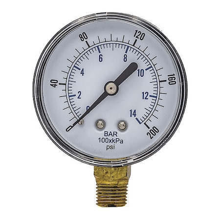 Industrial Pressure Gauge, 0 to 200 psi, 2 1/2 in Dial, 1/4 in BSPT, Bottom Location MPN:SEP-101D-254G-BSPT