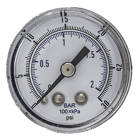 Industrial Pressure Gauge, 0 to 30 psi, 1 1/2 in Dial, 1/8 in BSPT, Center Back Location MPN:SEP-102D-158C-BSPT