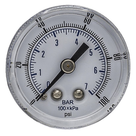 Industrial Pressure Gauge, 0 to 100 psi, 1 1/2 in Dial, 1/8 in BSPT, Center Back Location MPN:SEP-102D-158E-BSPT