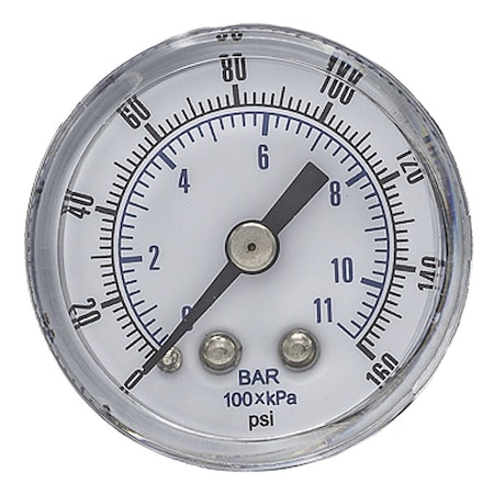 Industrial Pressure Gauge, 0 to 160 psi, 1 1/2 in Dial, 1/8 in BSPT, Center Back Location MPN:SEP-102D-158F-BSPT