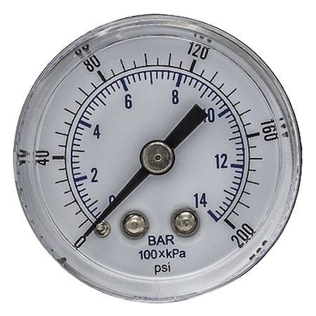 Industrial Pressure Gauge, 0 to 200 psi, 1 1/2 in Dial, 1/8 in BSPT, Center Back Location MPN:SEP-102D-158G-BSPT