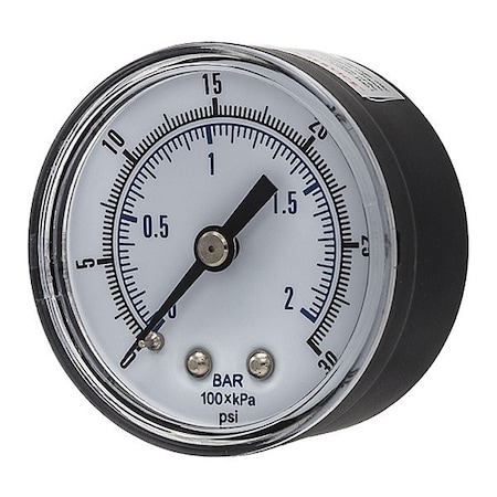 Industrial Pressure Gauge, 0 to 30 psi, 2 in Dial, 1/4 in BSPT, Center Back Location MPN:SEP-102D-204C-BSPT