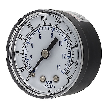 Industrial Pressure Gauge, 0 to 200 psi, 2 in Dial, 1/4 in BSPT, Center Back Location MPN:SEP-102D-204G-BSPT