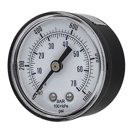 Industrial Pressure Gauge, 0 to 1, 000 psi, 2 in Dial, 1/4 in NPT, Center Back Location MPN:SEP-102D-204M