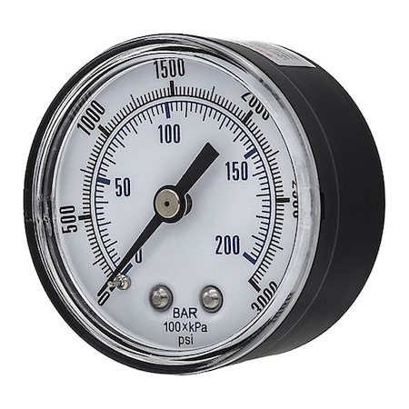 Industrial Pressure Gauge, 0 to 3, 000 psi, 2 in Dial, 1/4 in NPT, Center Back Location MPN:SEP-102D-204P